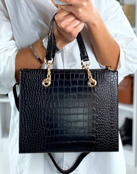 Sac Main Noir D Tail Dor Effet Croco