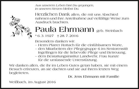 Traueranzeigen Von Paula Ehrmann Trauerundgedenken De