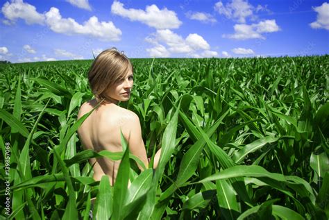 Nude Girl In A Field Of Green Corn Leaves Stock Photo Adobe Stock