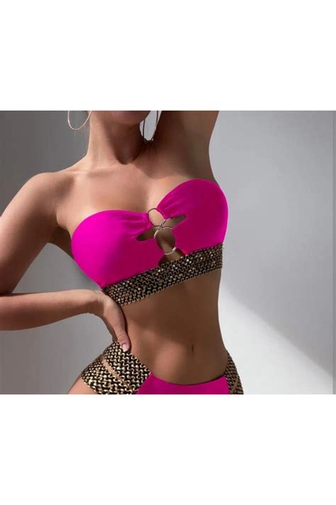 Sayina Kad N Pembe Straplez Ift Halkal Nak Lastik Detayl Astarl K Crop B Stiyer Bikini