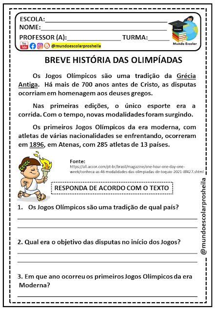 Atividades sobre os Jogos Olímpicos Olimpíadas