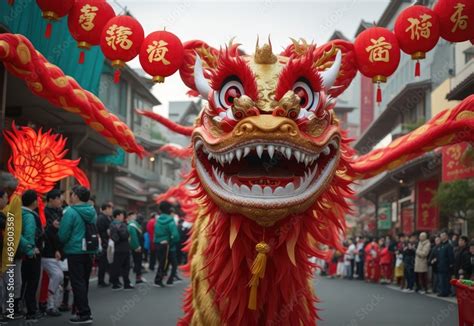 Chinese New Year festival. Dragon year. Chinese dragon dance with mask ...