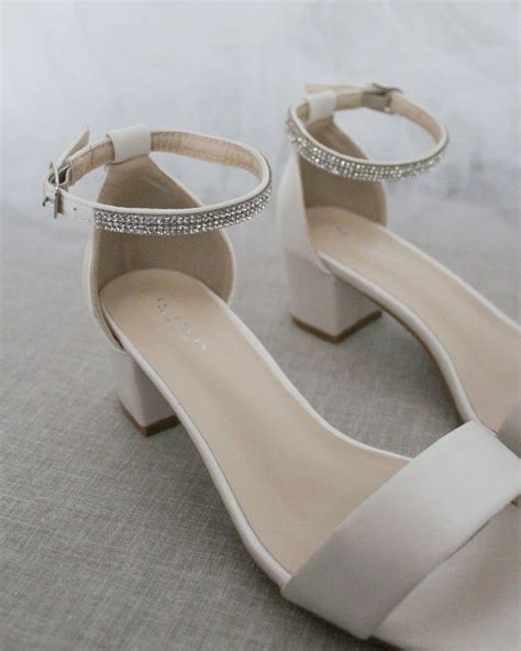 Soft Blush Satin Block Heel Sandals With Mini Rhinestones Embellished