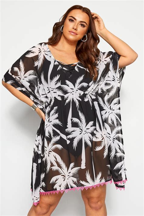 Robe De Plage Noire Blanche Imprim Tropicale Grande Taille