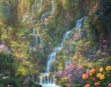 Premium AI Image | A painting of a waterfall with flowers and plants