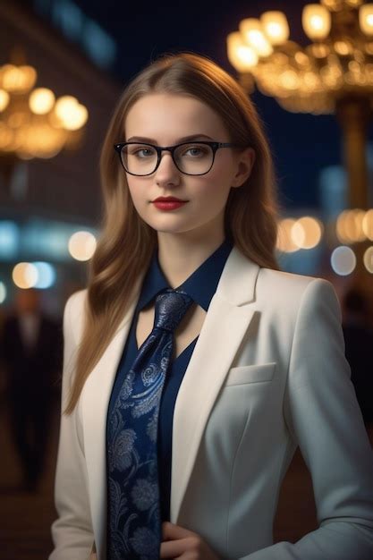 Premium Photo A Pretty European Girl In A Suit And Glasses On The Night Background