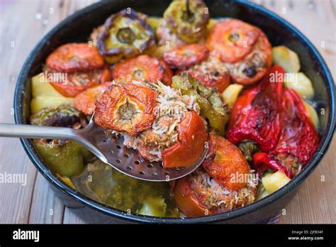 Greek Summer Food Gemista Stuffed Tomatoes And Peppers With Rice