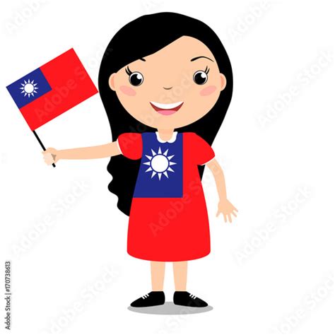 Smiling Child Girl Holding A Taiwan Flag Isolated On White