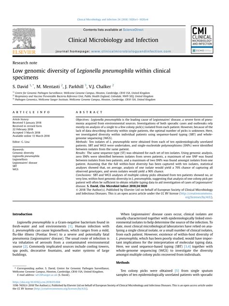 Pdf Low Genomic Diversity Of Legionella Pneumophila Within Clinical Specimens