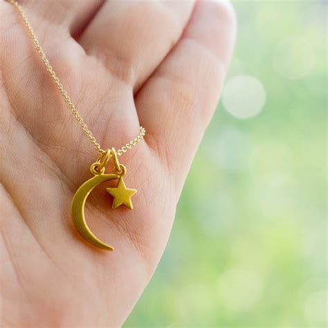 Solid Gold Crescent Moon Star Necklace 14k Gold Charm