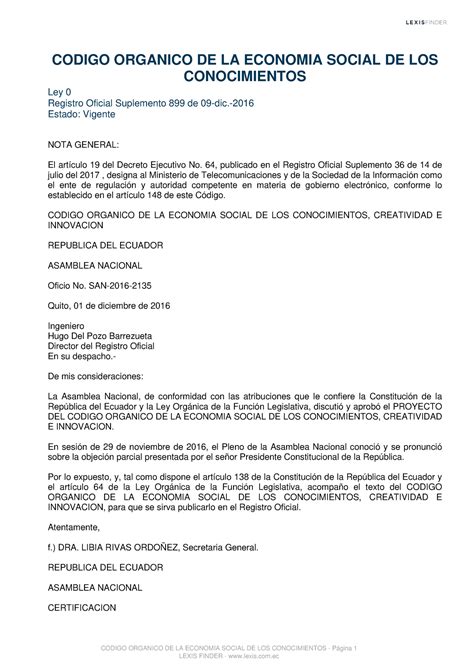 Codigo Organico Economia Social De Los Conocimientos Nov