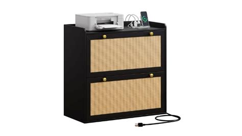 DWVO Rattan File Cabinet With Charging Station Large Lateral Filing