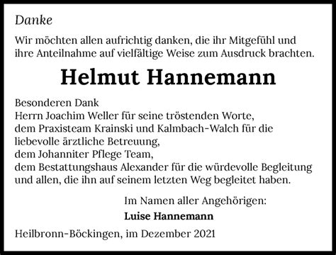 Traueranzeigen Von Helmut Hannemann Trauerundgedenken De