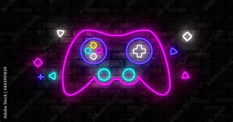 Foto de Neon Gaming icons on black background 4k do Stock | Adobe Stock