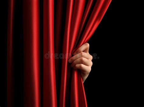 Hand Opening Red Curtain Revealing Backstage On Black Background Stock