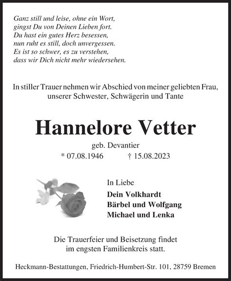 Traueranzeigen Von Hannelore Vetter Trauer Gedenken