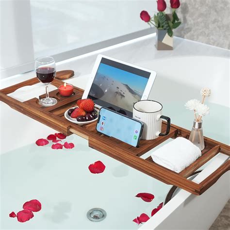 Latitude Run Teak Bathtub Tray Expandable Wooden Bath Tray For Tub