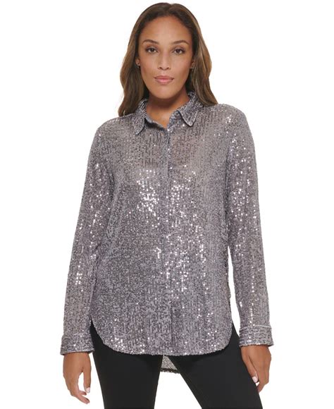 Calvin Klein Oversized Sequin Button Down Shirt In Gray Lyst