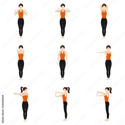 Standing warm-up yoga asanas arms and shoulders stretch/Illustration stylized woman practicing ...