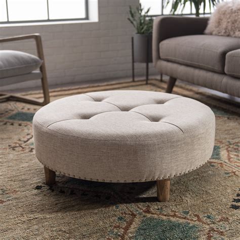 Tan Fabric Upholstered Tufted 35 Round Cocktail Ottoman Foot Stool W