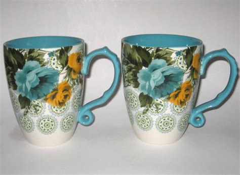 Pioneer Woman Rose Shadow Turquoise Set Of 2 Jumbo Latte Mugs 26 Ounce New Ebay