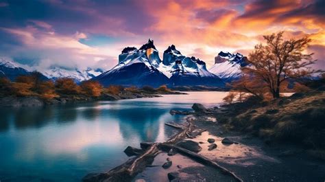 Premium AI Image | A mountain lake with a sunset in the background