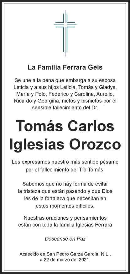 Dr Tom S Carlos Iglesias Orozco Obituario Esquela