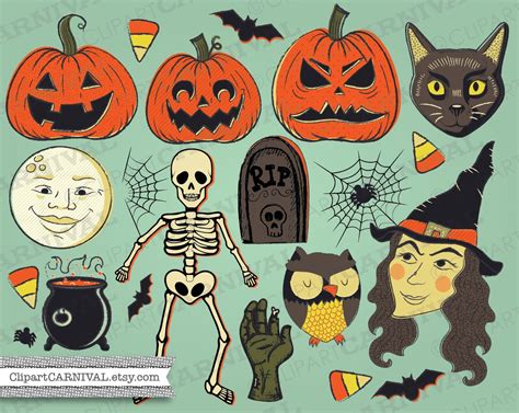 Vintage Halloween Clip Art Witch Jackolantern Pumpkins Bats Etsy Hong