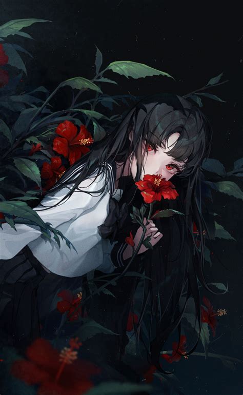 Wallpaper Head Eye Cartoon Flower Black Hair Cg Artwork Art