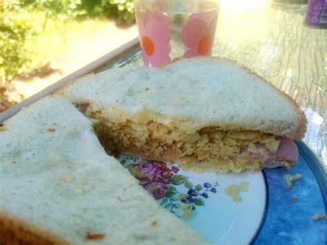 Crisp sandwich day 3. Cheese and onion crisps, slice of ham, Kerry Gold Butter, and shredded ...