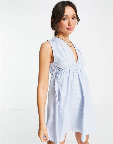 Asos Design Seersucker Plunge Mini Sundress With Ruched Waist In Stripe Asos Mini Sundress