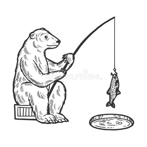 Polar Bear Fishing Sketch Engraving Vector Stock Vector Illustration