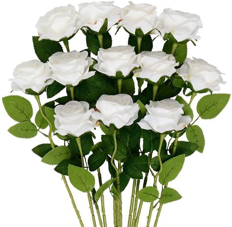 Zoelnic 12pcs Rose Artificial Flowers Realistic Blossom White Fake Roses With Stems Single