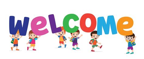 Happy group of kindergarten kids holding a welcome text vector ...