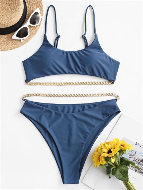 ZAFUL Chains Solid Padded Bikini Set SLATE BLUE Ad Ad Solid