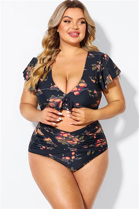 Floral Print Flutter Sleeve Elegant Swim Bikini Top Meet Curve Meet Curve Uk