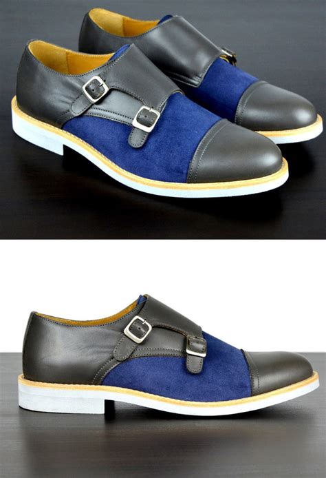 Mens Grey And Blue Leather Double Monk Strap Dress Shoes Soxy Socks