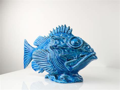 Pesce Scorfano Sculpture By Guido Cacciapuoti In Blue Glaze Italy 1930