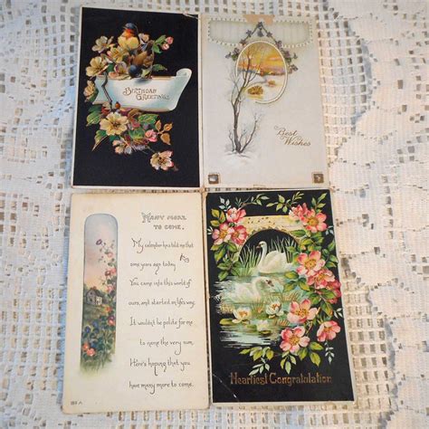 4 BIRTHDAY GREETINGS POSTCARDS Antique Edwardian Gilded Bluebirds