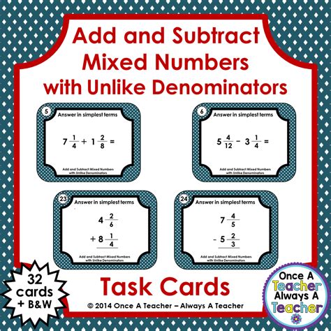 Task Cards Fractions Add Subtract Mixed Numbers With Unlike