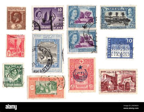 Vintage Postage Stamps From Around The World Isolated On A White