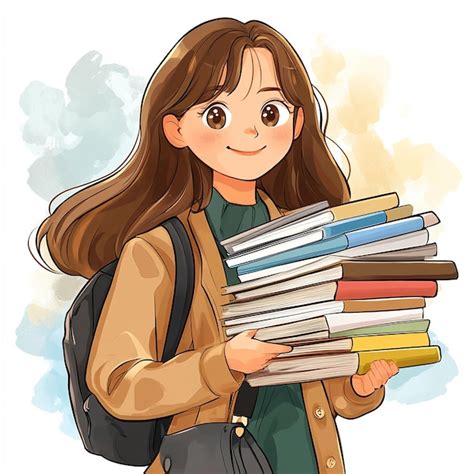 Chica De Dibujos Animados Llevando Una Pila De Libros Aislados En