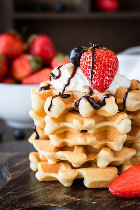 Waffles With Berries And Whipped Cream Stock Image Image Of Belgian