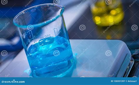 blue solution  glass beaker stock image image  glass chemistry