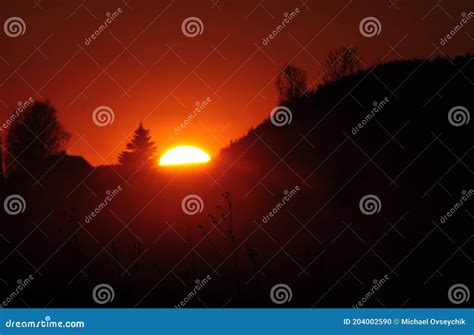 Spring Sunset In The Village The Strongest Haze Stock Photo Image