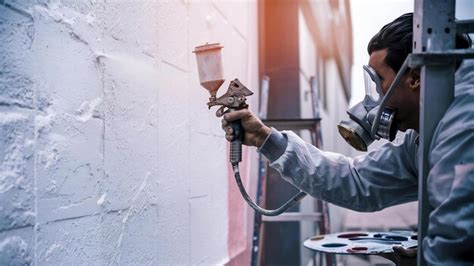 Premium Photo | Worker painting wall with spray gun in white color