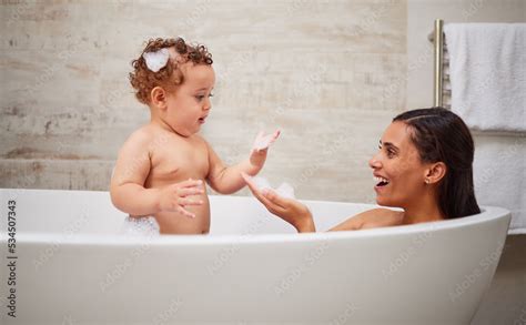 Mother Baby And Bath In Bathroom Home Health And Cleaning Mom