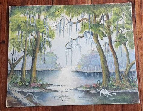 vintage swamp scene landscape painting cypress trees heron
