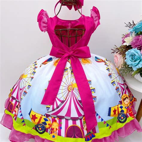 Vestido Infantil Circo Rosa Pink Carrossel Cinto De Strass Elo