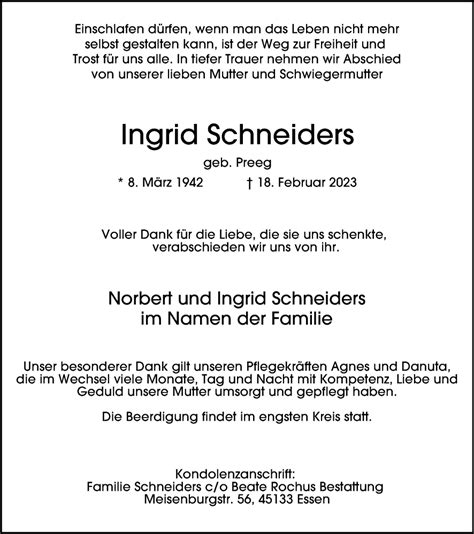 Traueranzeigen Von Ingrid Schneiders Trauer In Nrw De